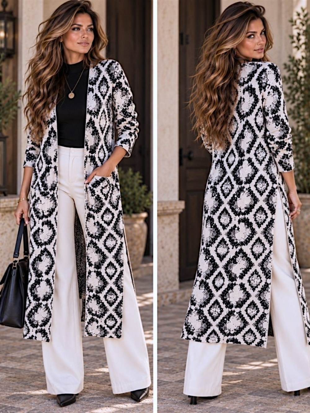 Anthropologie Quiet Luxury M Long Whimsical Cardigan Duster Black Ivory Cotton